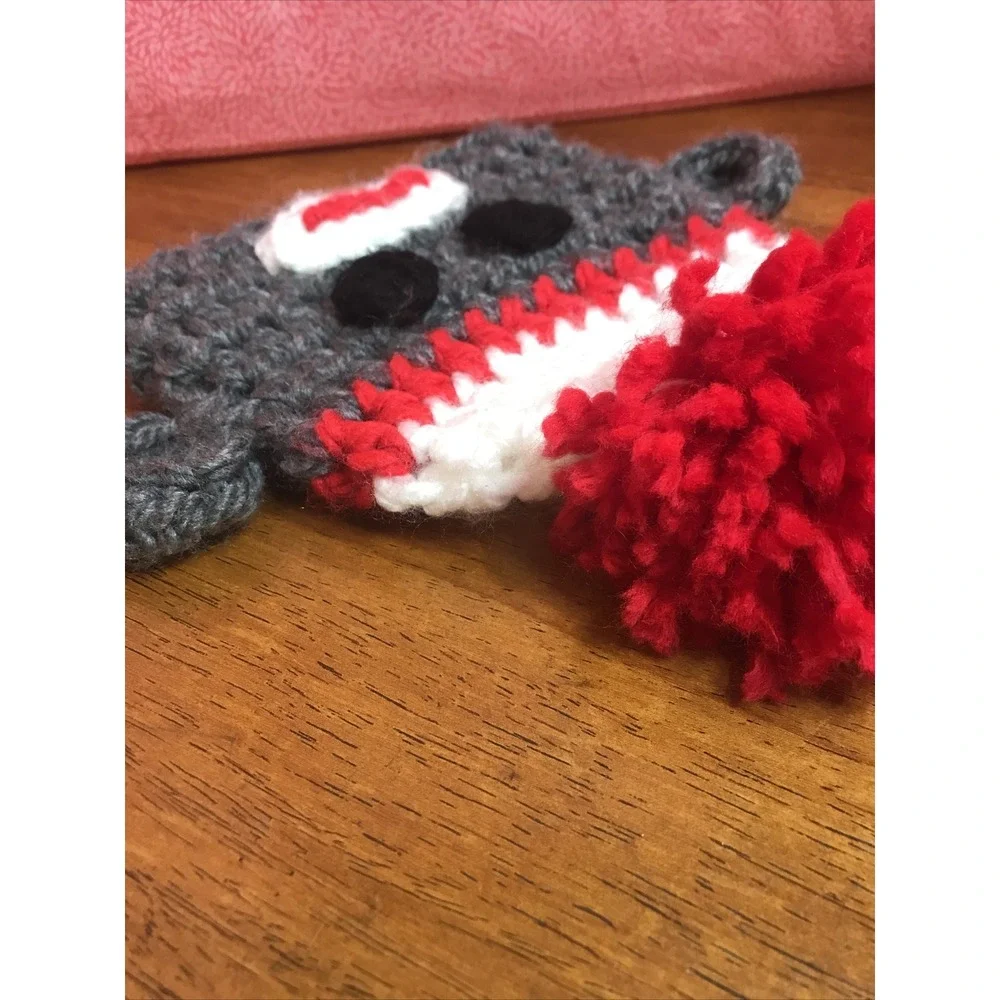 Hand Crocheted Sock Monkey Winter‎ Hat Red Grey